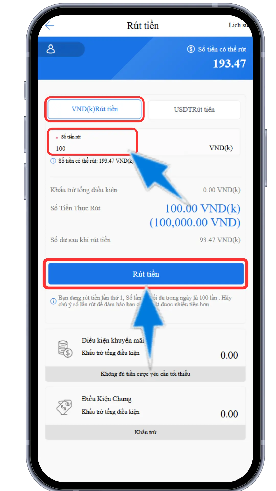 Bước 3: Chọn "ĐƠN VỊ RÚT TIỀN VND" » Nhập số tiền muốn rút (1 điểm = 1,000 VND. Ví dụ rút 1 triệu, nhập 1,000) => Ấn RÚT TIỀN